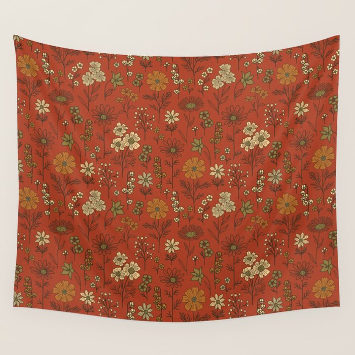 Burnt Orange & Olive Green Floral Wall Tapestry Gallery Image 1