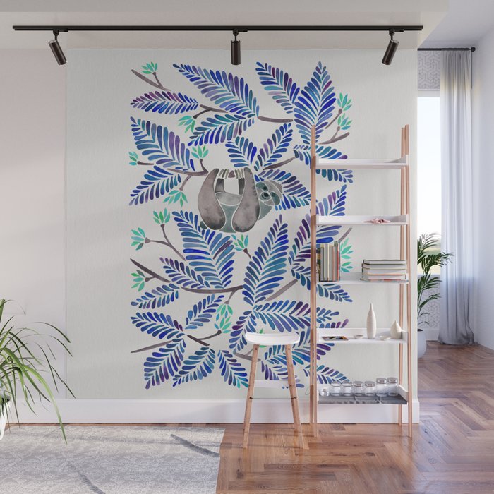 Happy Sloth - Tropical Blue Leaves Wall Mural Gallery Image 1