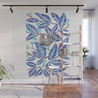 Happy Sloth - Tropical Blue Leaves Wall Mural Gallery Image 1