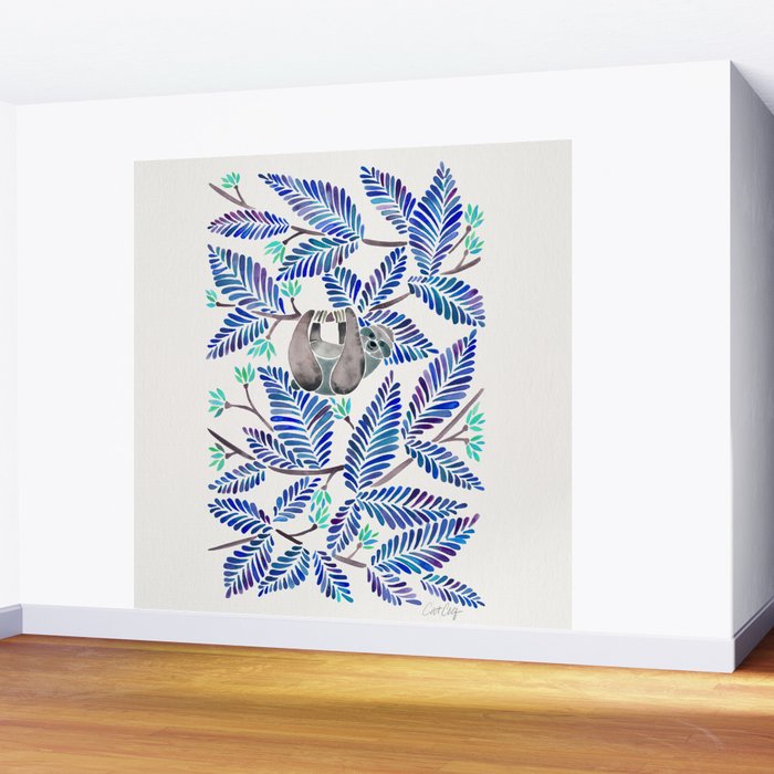 Happy Sloth - Tropical Blue Leaves Wall Mural Gallery Image 2