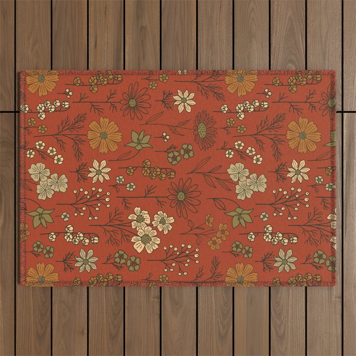 Burnt Orange & Olive Green Floral Outdoor Rug Gallery Image 1