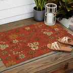 Burnt Orange & Olive Green Floral Outdoor Rug Gallery Image 2