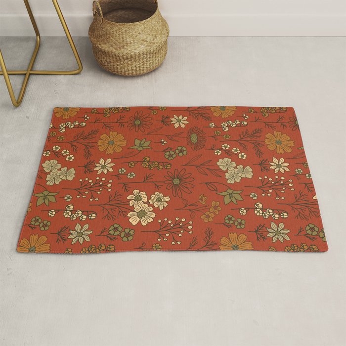 Burnt Orange & Olive Green Floral Rug Gallery Image 1