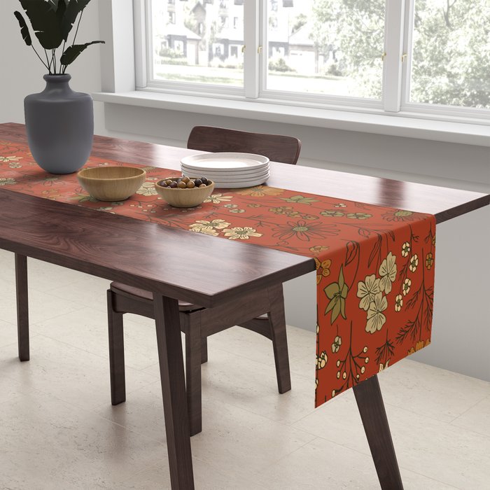 Burnt Orange & Olive Green Floral Table Runner Gallery Image 2