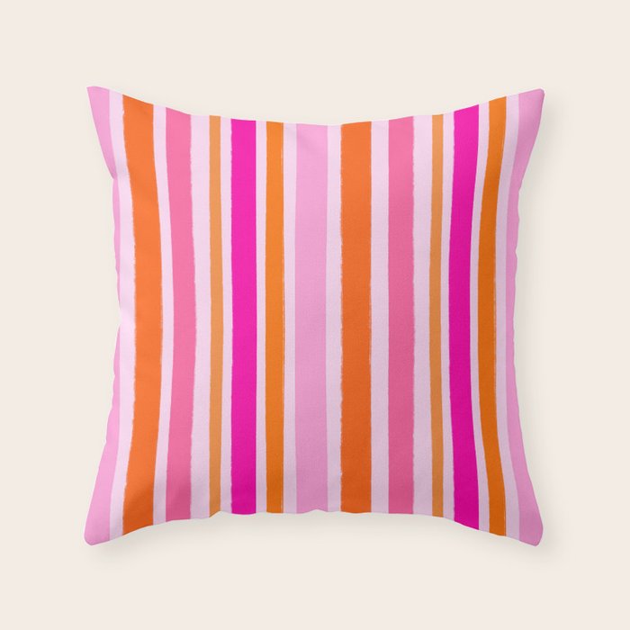 Pink and Orange Stripes Freehand Throw Pillow Gallery Image 1