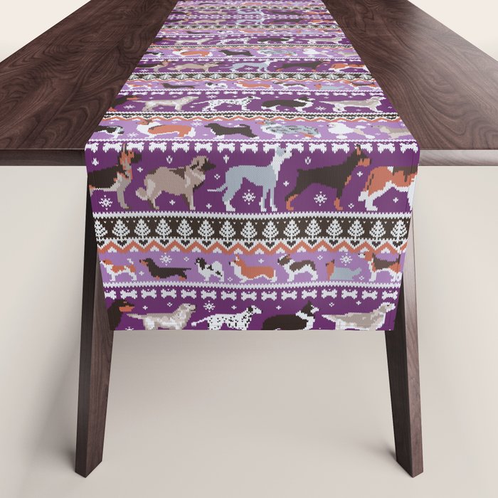Fluffy and bright fair isle knitting doggie friends // seance purple and east side violet background brown orange white and grey dog breeds  Table Runner Gallery Image 1