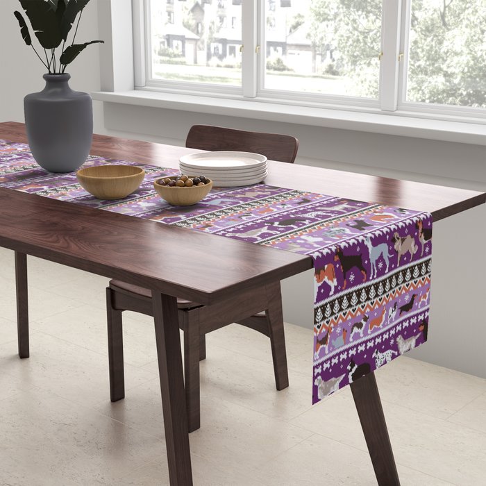 Fluffy and bright fair isle knitting doggie friends // seance purple and east side violet background brown orange white and grey dog breeds  Table Runner Gallery Image 2