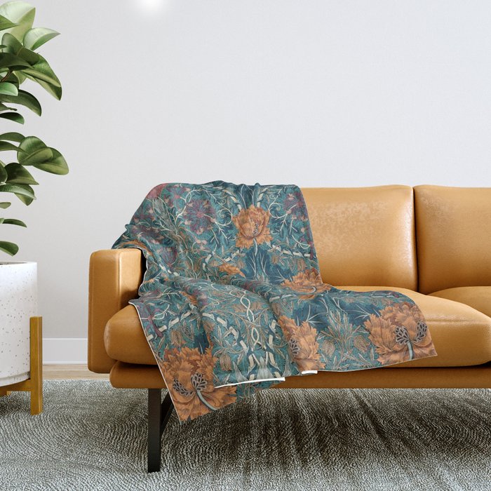 William Morris Honeysuckle and Tulip Woad Mulberry Pattern Throw Blanket Gallery Image 1