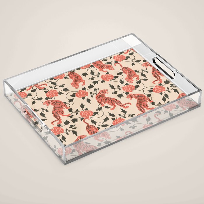 Chinese Tigers Retro Floral Pattern Acrylic Tray Gallery Image 1
