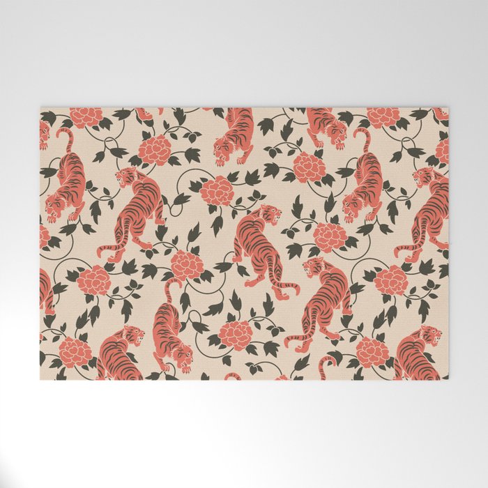 Chinese Tigers Retro Floral Pattern Welcome Mat Gallery Image 1