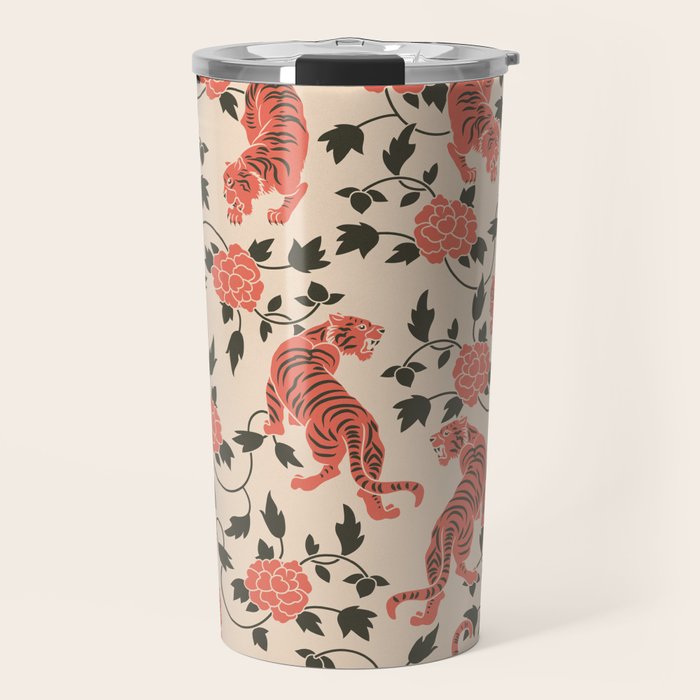 Chinese Tigers Retro Floral Pattern Travel Mug Gallery Image 1