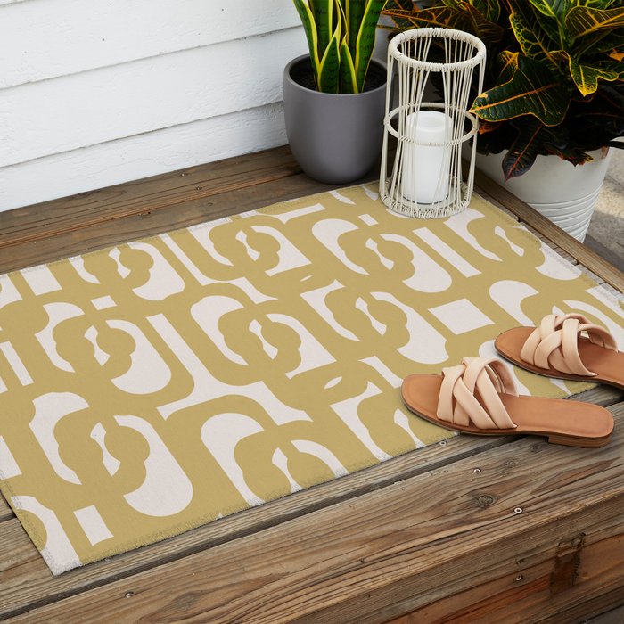 Mid Century Modern Loop Pattern in Muted Dijon Gold and Cream Outdoor Rug Gallery Image 2