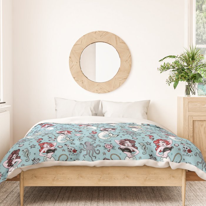 Molly Mermaid vintage pinup inspired nautical tattoo Duvet Cover Gallery Image 3