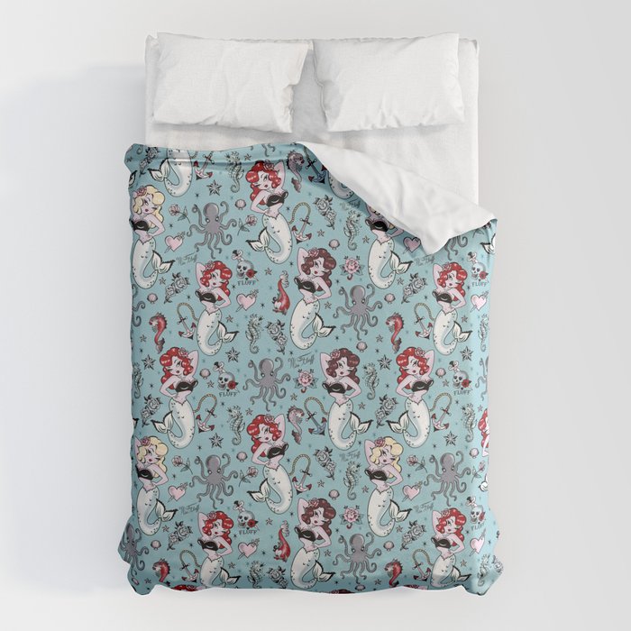 Molly Mermaid vintage pinup inspired nautical tattoo Duvet Cover Gallery Image 6