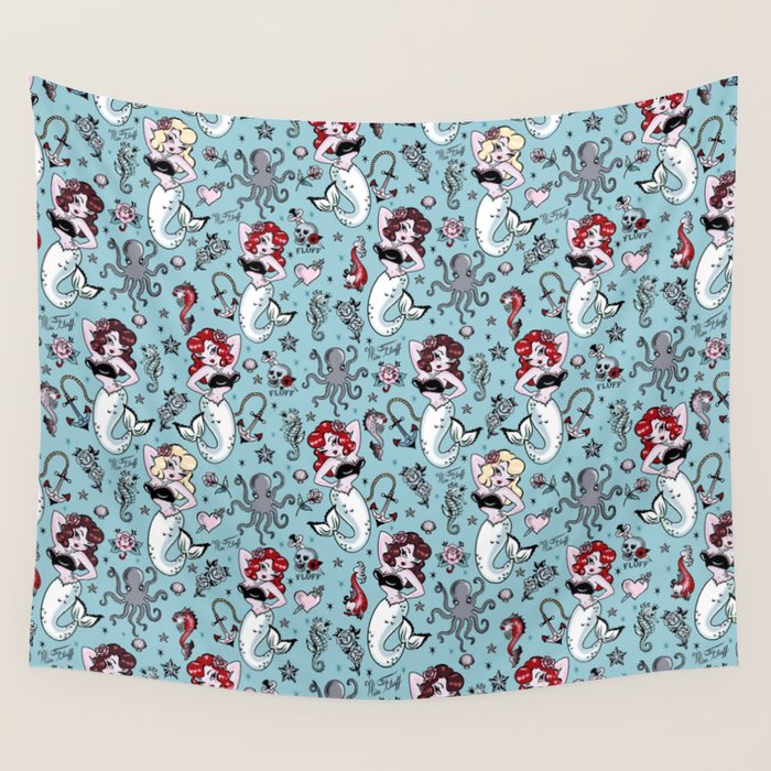 Molly Mermaid vintage pinup inspired nautical tattoo Wall Tapestry Gallery Image 4