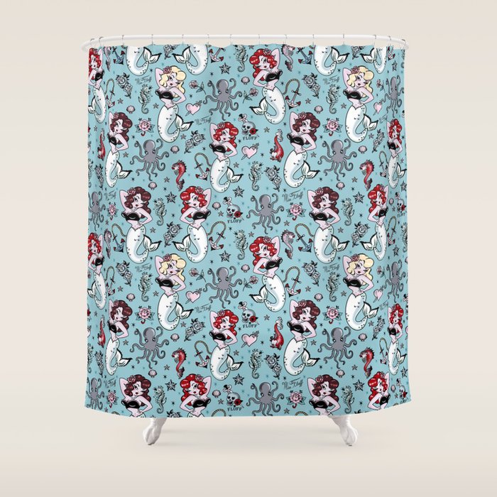 Molly Mermaid vintage pinup inspired nautical tattoo Shower Curtain Gallery Image 1