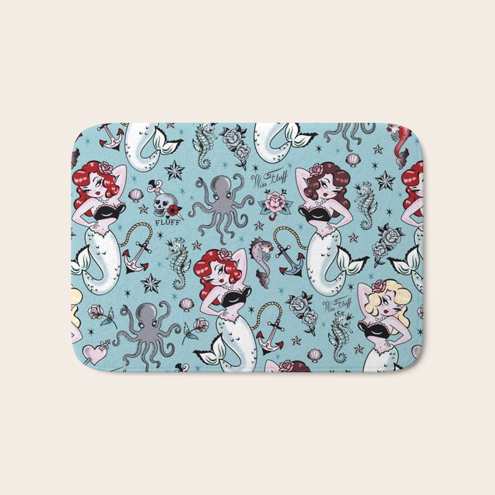 Molly Mermaid vintage pinup inspired nautical tattoo Bath Mat