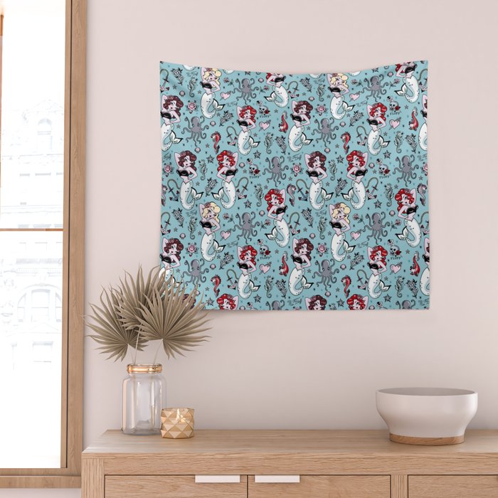 Molly Mermaid vintage pinup inspired nautical tattoo Wall Tapestry Gallery Image 2