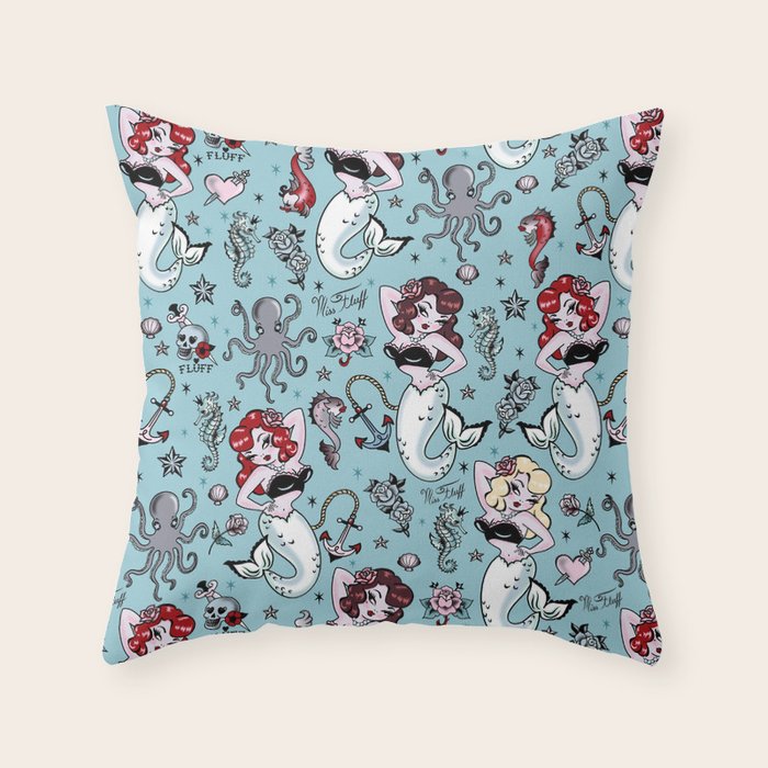 Molly Mermaid vintage pinup inspired nautical tattoo Throw Pillow Gallery Image 6