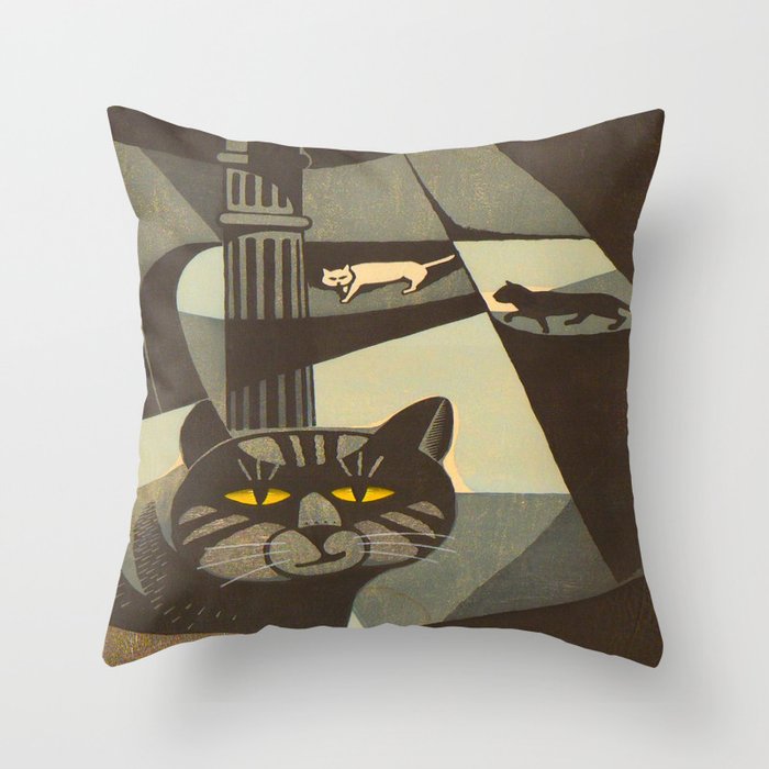 Inagaki Tomoo Vintage Japanese Woodblock print mid century Modern Cubism Art Cats Feline Throw Pillow Gallery Image 1