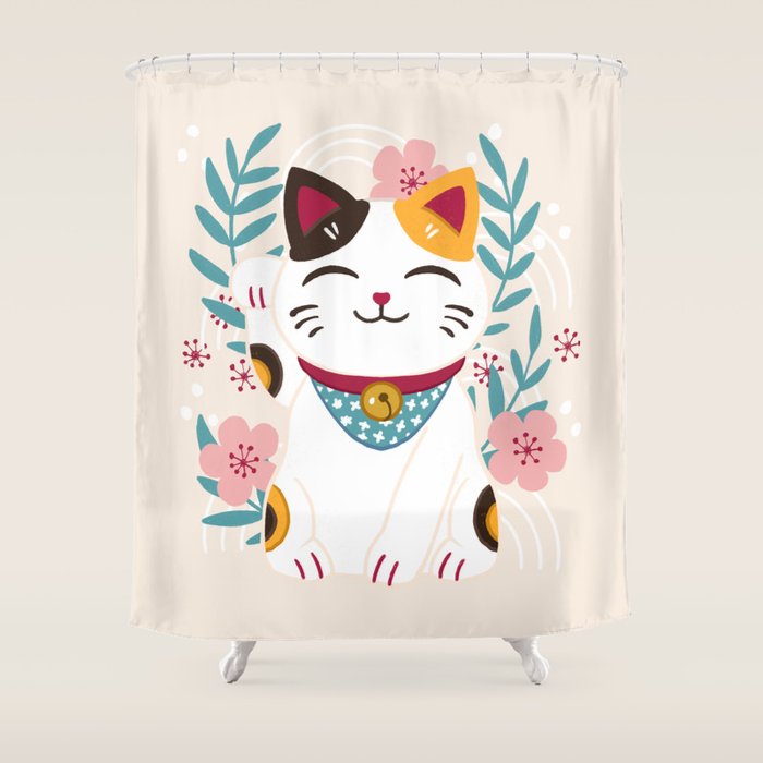 Japanese Lucky Cat with Cherry Blossoms Shower Curtain Gallery Image 1