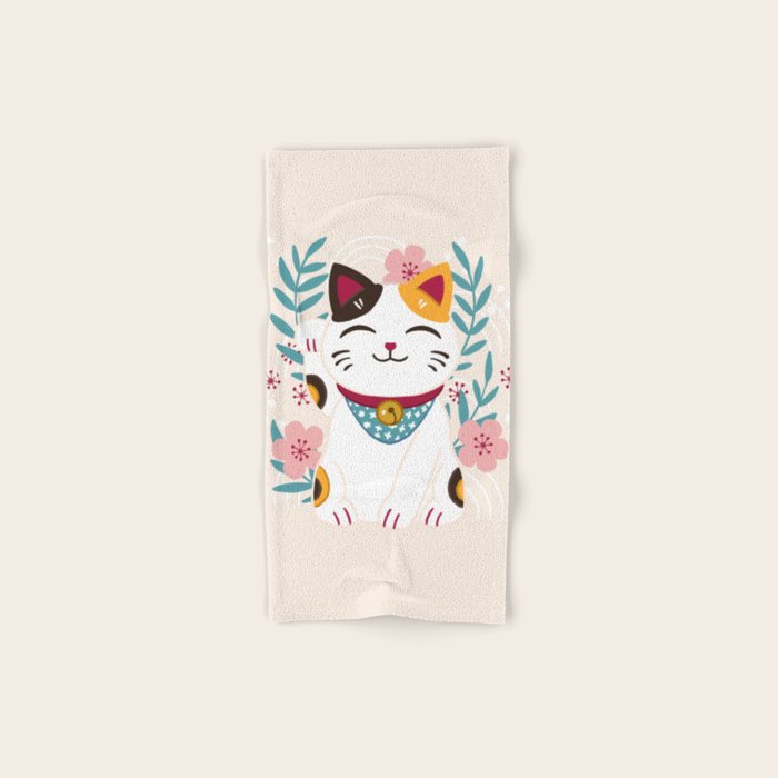 Japanese Lucky Cat with Cherry Blossoms Bath Towel Gallery Image 1