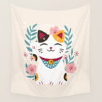 Japanese Lucky Cat with Cherry Blossoms Wall Tapestry Gallery Image 4