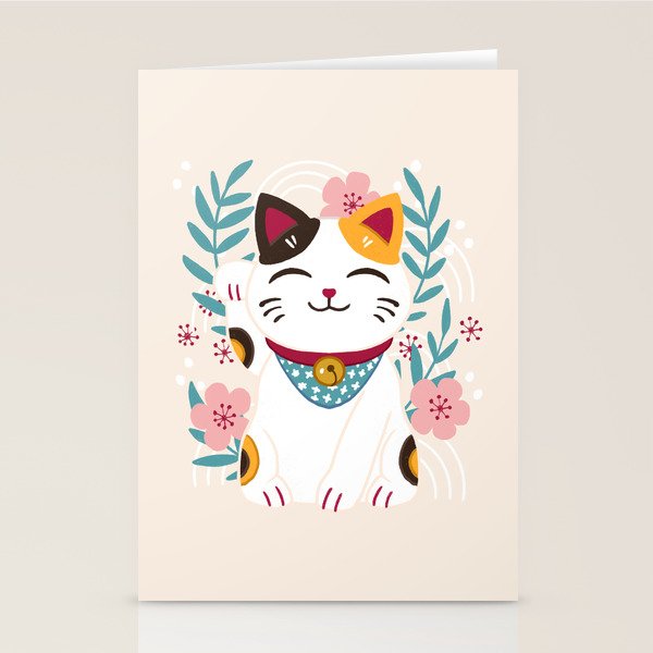 Japanese Lucky Cat with Cherry Blossoms Stationery Card Gallery Image 1