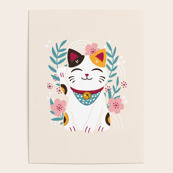 Japanese Lucky Cat with Cherry Blossoms Poster Gallery Image 1