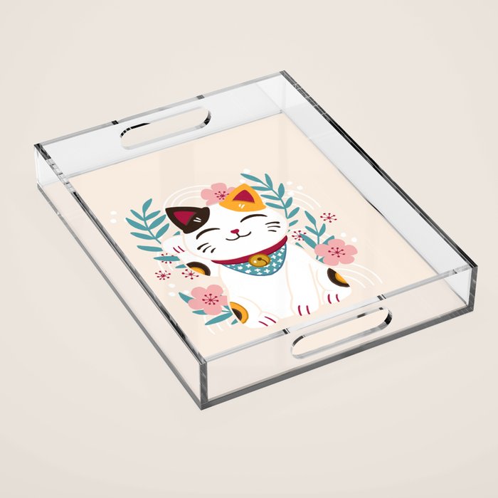 Japanese Lucky Cat with Cherry Blossoms Acrylic Tray Gallery Image 1