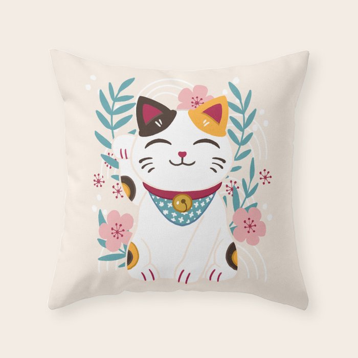 Japanese Lucky Cat with Cherry Blossoms Throw Pillow Gallery Image 6