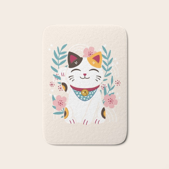 Japanese Lucky Cat with Cherry Blossoms Bath Mat Gallery Image 1