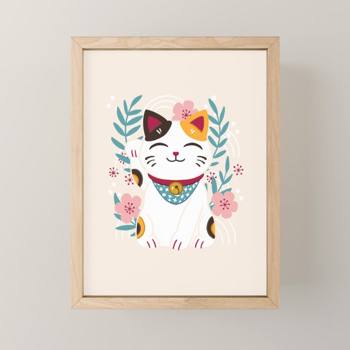 Japanese Lucky Cat with Cherry Blossoms Mini Art Print Gallery Image 1