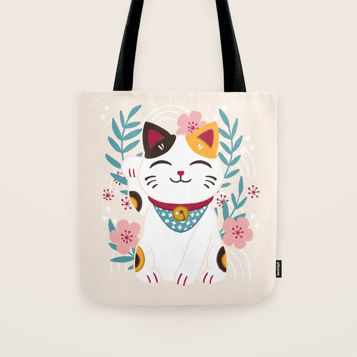 Japanese Lucky Cat with Cherry Blossoms Tote Bag Gallery Image 1