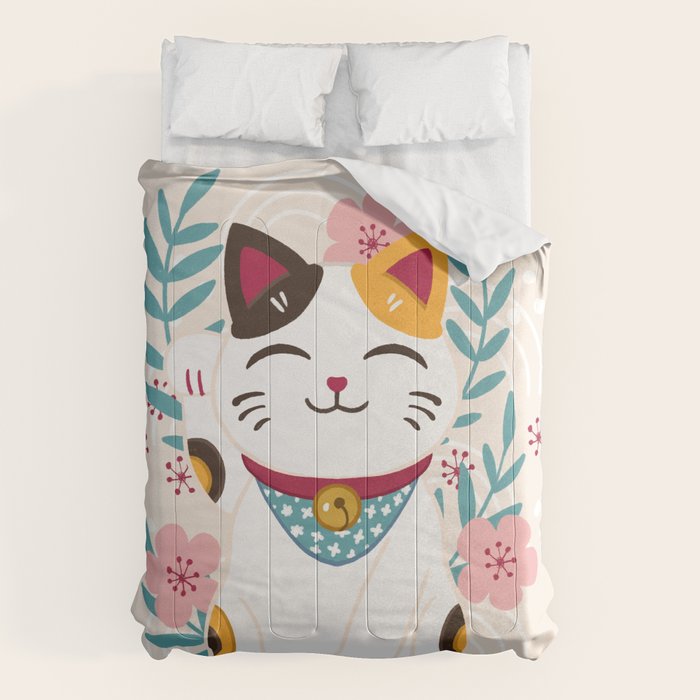 Japanese Lucky Cat with Cherry Blossoms Comforter Gallery Image 6
