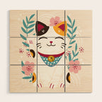 Japanese Lucky Cat with Cherry Blossoms Wood Wall Art Gallery Image 1