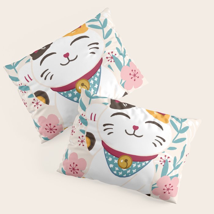 Japanese Lucky Cat with Cherry Blossoms Pillow Sham Gallery Image 1