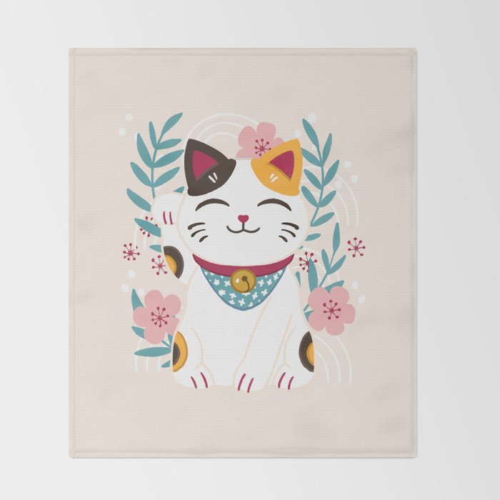 Japanese Lucky Cat with Cherry Blossoms Throw Blanket Gallery Image 2