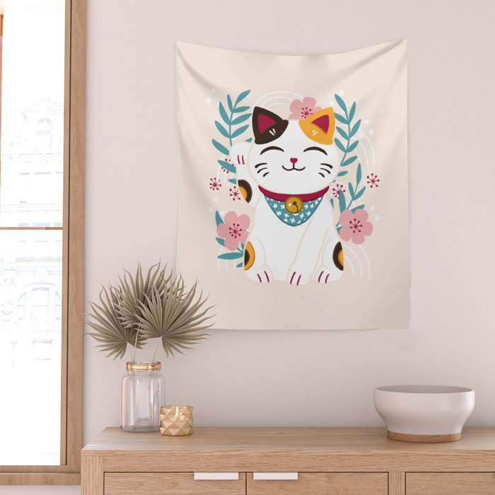 Japanese Lucky Cat with Cherry Blossoms Wall Tapestry Gallery Image 2