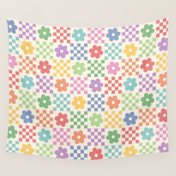 Colorful Flowers Double Checker Wall Tapestry Gallery Image 1