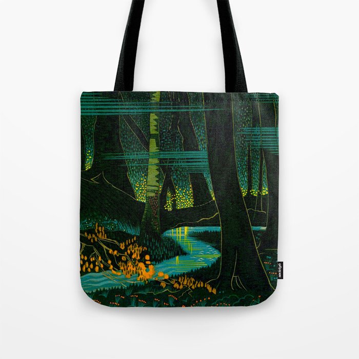 Magical Dark Fantasy Forest Woodblock Tote Bag Gallery Image 1