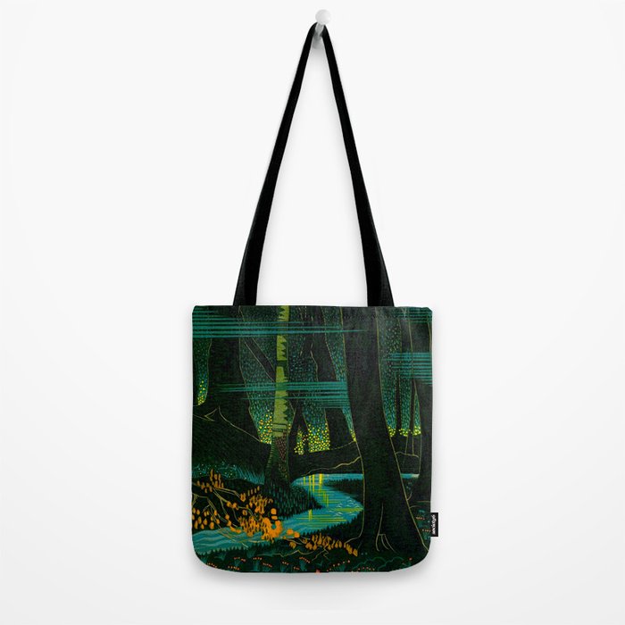 Magical Dark Fantasy Forest Woodblock Tote Bag Gallery Image 2
