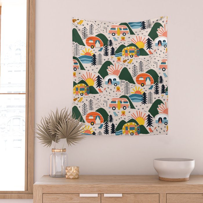 Camping Vacation Pattern Wall Tapestry Gallery Image 2