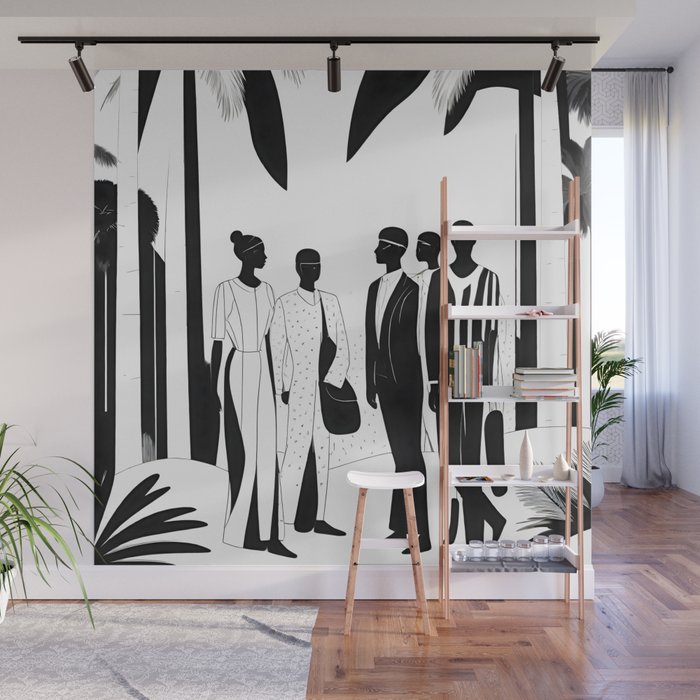 Five, Tropical African People Meeting, Abstract Back & White Travel, Palm Jungle Human Shadows Eclectic Noho Wall Mural Gallery Image 1