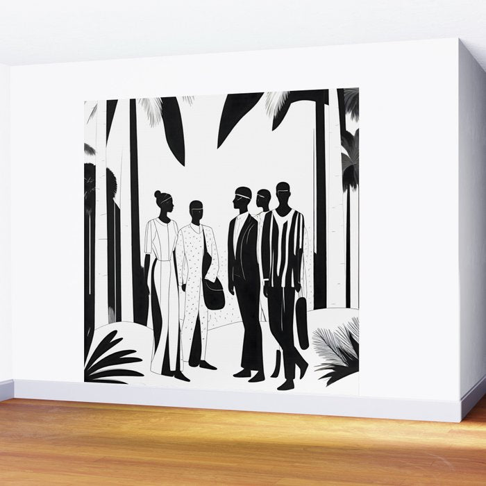 Five, Tropical African People Meeting, Abstract Back & White Travel, Palm Jungle Human Shadows Eclectic Noho Wall Mural Gallery Image 2