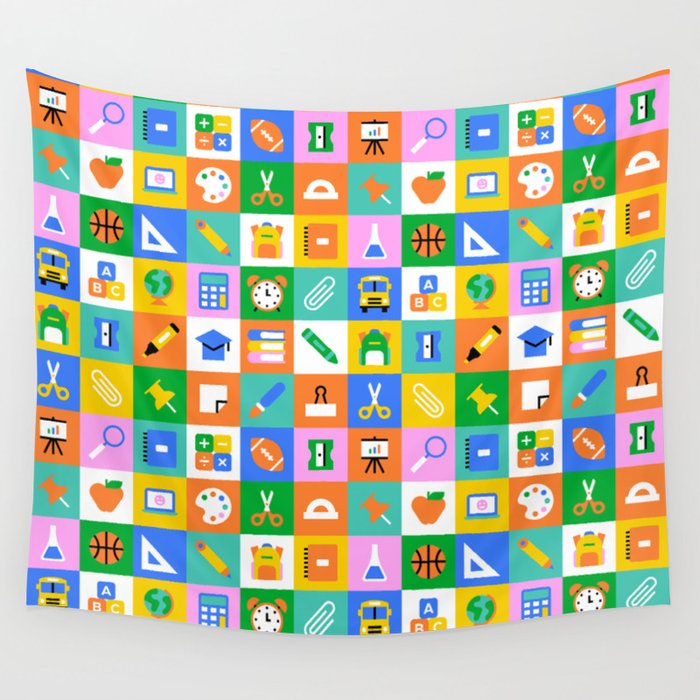 Fun colorful back to school mosaic pattern Wall Tapestry Gallery Image 4