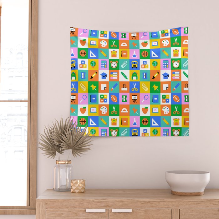 Fun colorful back to school mosaic pattern Wall Tapestry Gallery Image 2