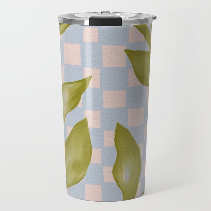 Vibrant Green Leaves on a Blue Checkered Background Travel Mug Gallery Image 1
