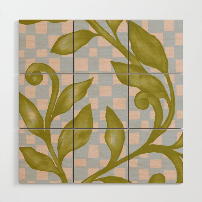 Vibrant Green Leaves on a Blue Checkered Background Wood Wall Art Gallery Image 1