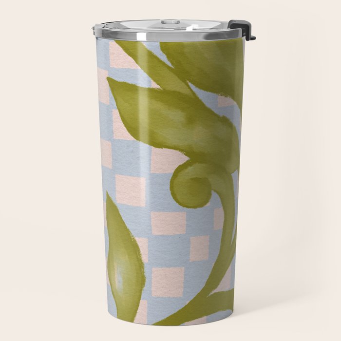 Vibrant Green Leaves on a Blue Checkered Background Travel Mug Gallery Image 2